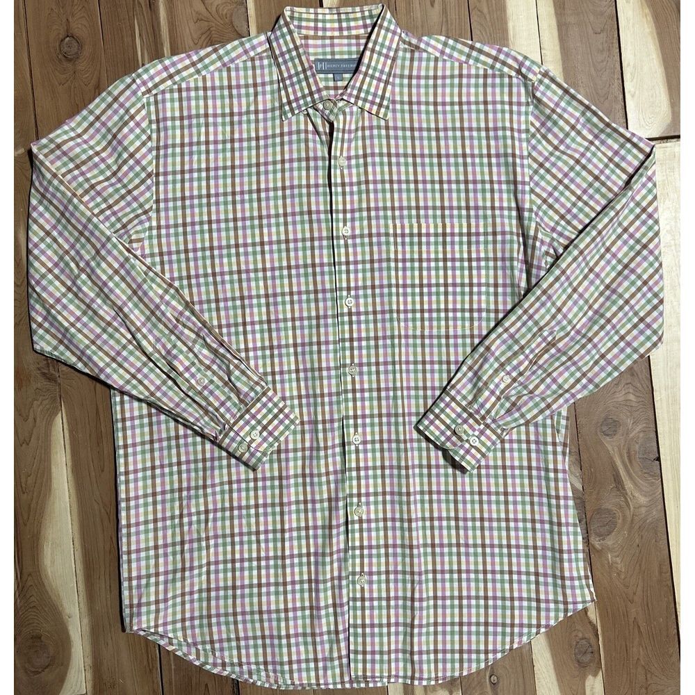Hickey Freeman Men's 100% Cotton Long Sl Button Up Shirt Pink Green  Plaid Large